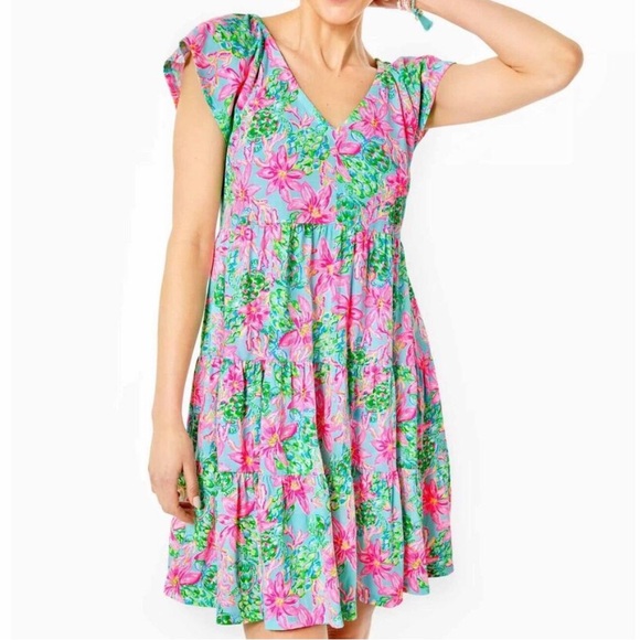 Lilly Pulitzer Kawai Dress Floral V-Neck Tiered Cotton Small - Picture 1 of 6